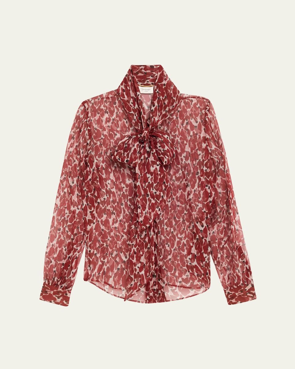 Semi-Sheer Printed Tie Neck Blouse